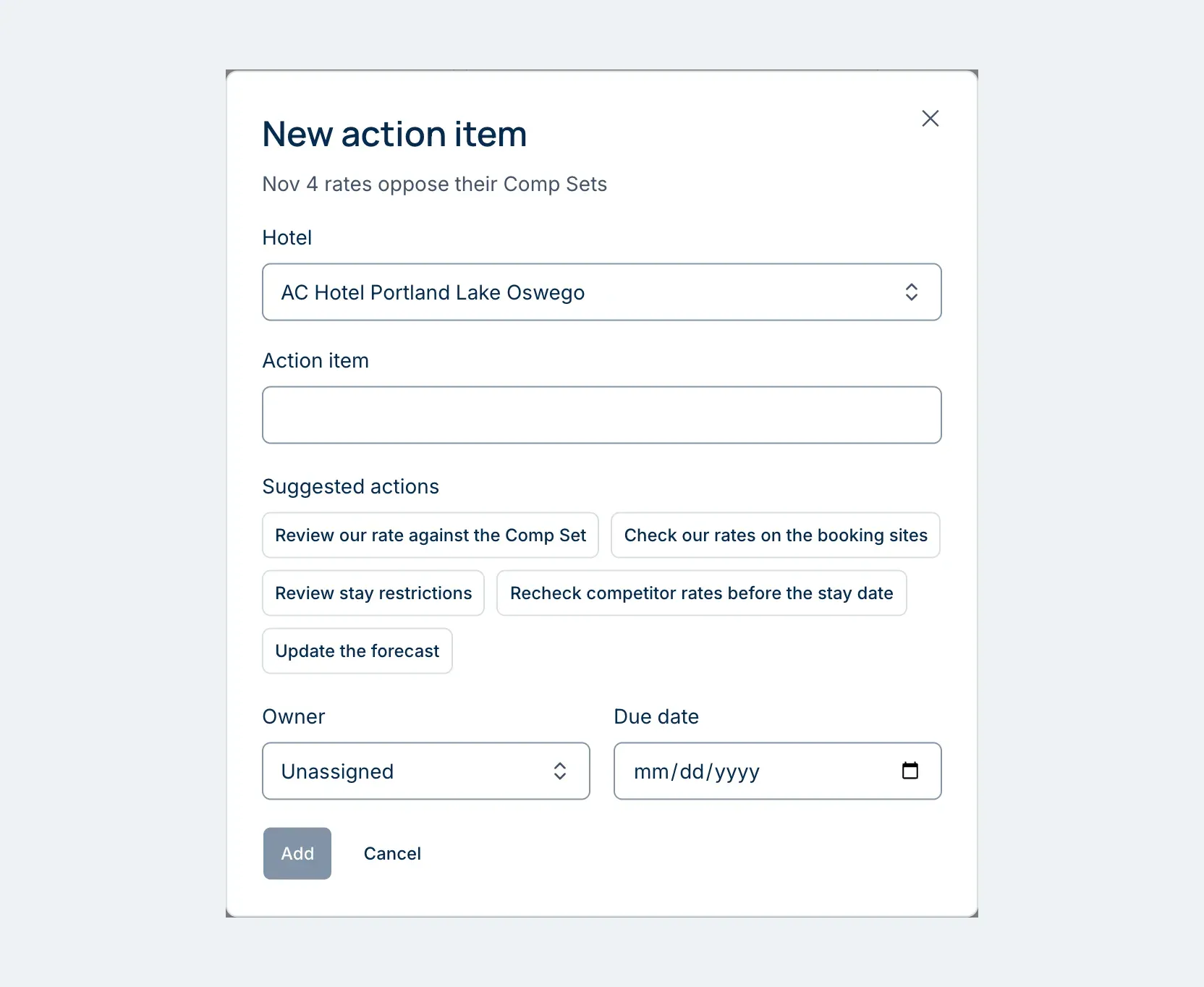 The New action item dialog for the Nov 4 point, with AC Hotel Portland Lake Oswego selected, the Revenue suggested actions, and Owner and Due date fields