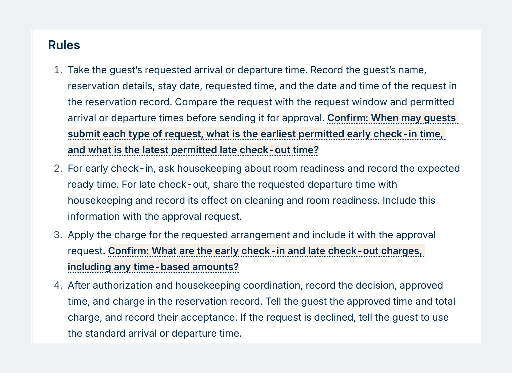 La sezione Regole della bozza, con quattro passaggi numerati e domande Confirm evidenziate sulle finestre per le richieste, sugli orari consentiti di early check-in e late check-out e sui supplementi