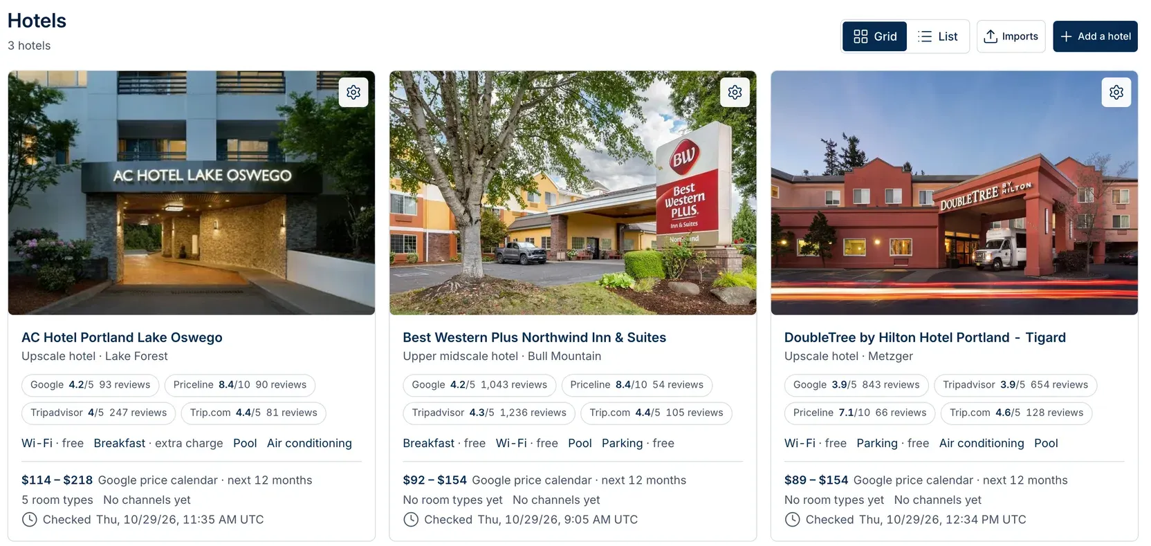 The Anny AI Hotels page showing three hotels in the Portland area as cards: AC Hotel Portland Lake Oswego, Best Western Plus Northwind Inn & Suites, and DoubleTree by Hilton Hotel Portland - Tigard, each with guest ratings by site, amenities, a price range for the next 12 months, and the time Anny AI last checked it on Thursday, October 29